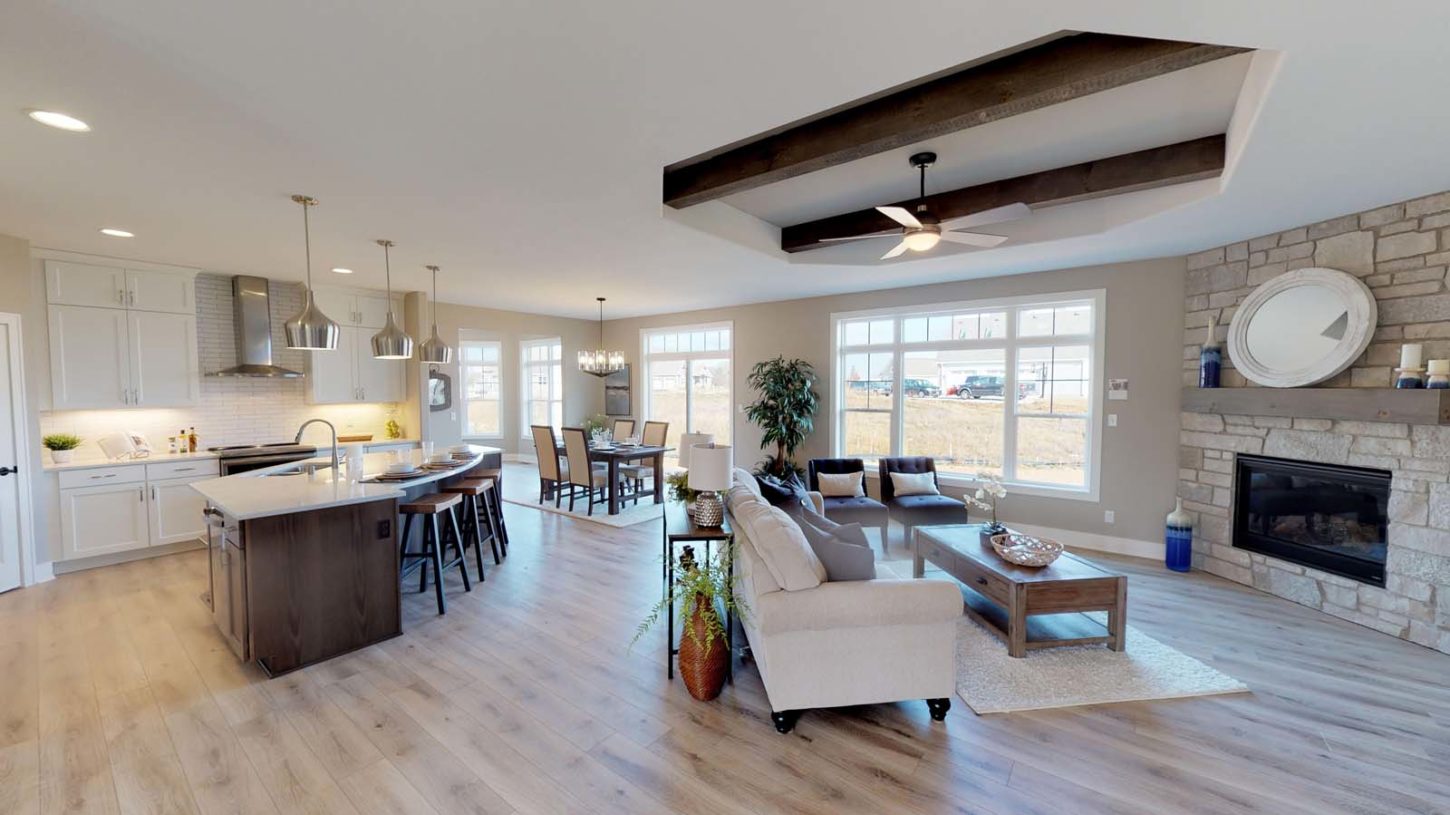 The Hadley model home family room/kitchen/dining room