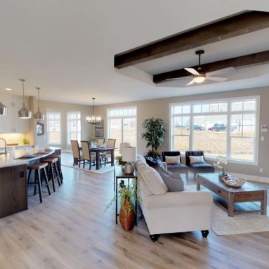 The Hadley model home family room/kitchen/dining room