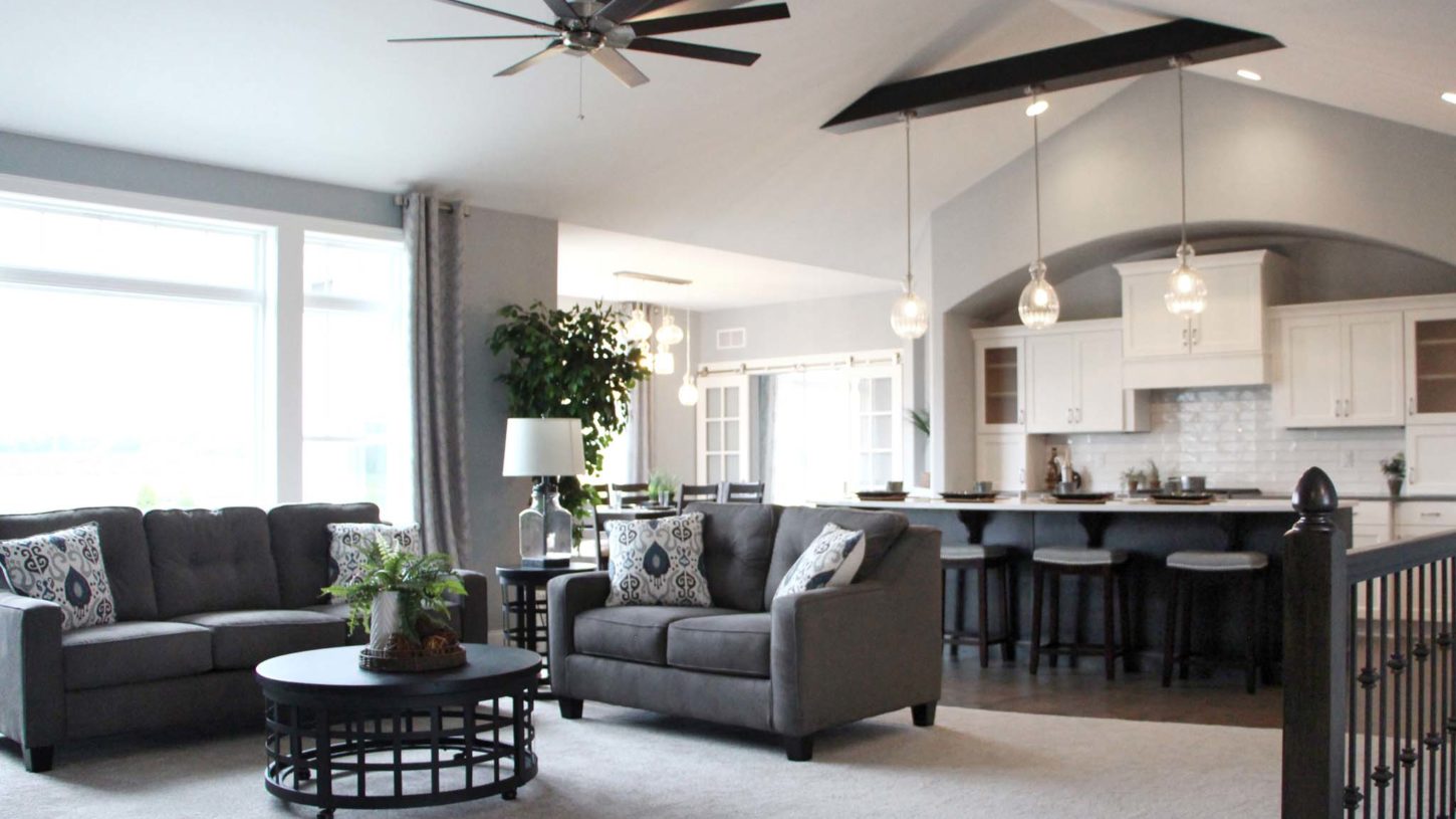 Living room and kitchen of the Brooklyn model home