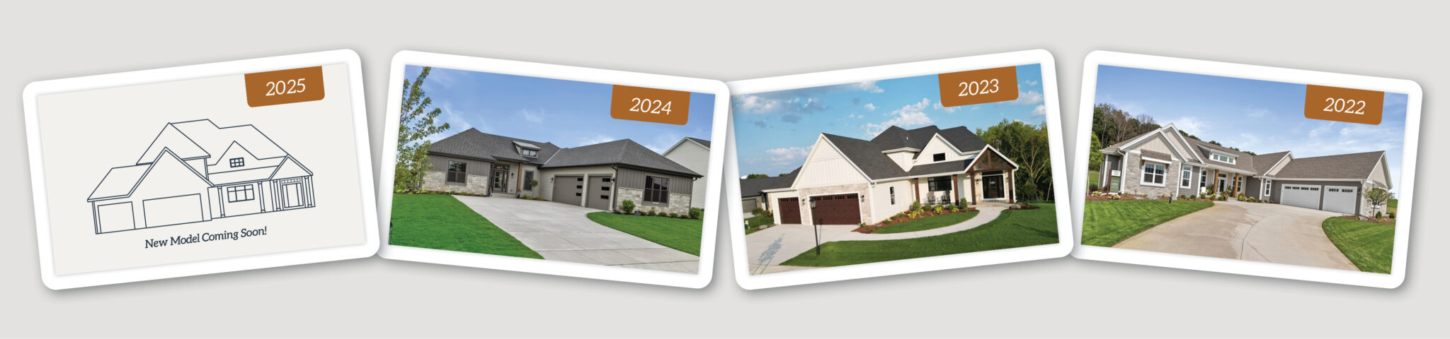 Sneak peak line drawing of home exterior next to exterior photo of 2024 model