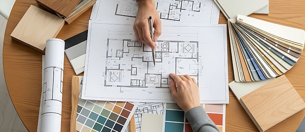 Interior Designer at Work on Home Renovation Project Reviewing Blueprints and Color Palettes for Creating a Stylish Living Space