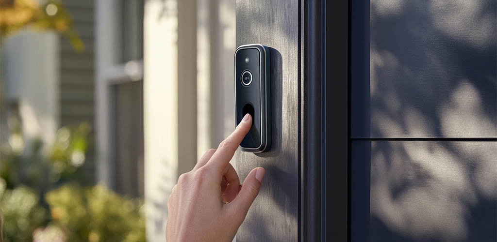 A smart video doorbell mounted on house