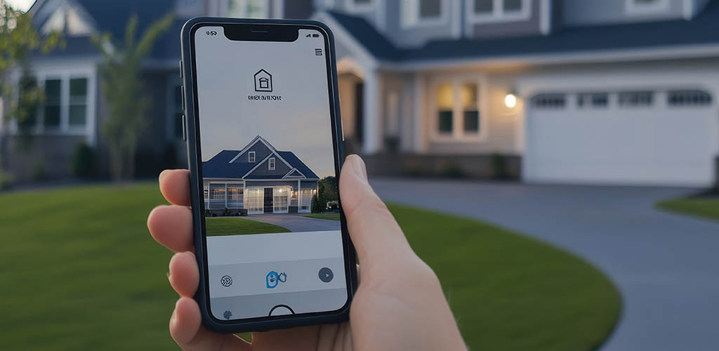 Smartphone displaying a home automation app with a blurry background of a house