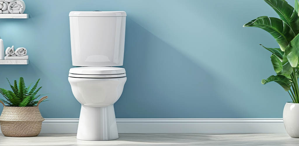 The interior of a modern bathroom showcases a ceramic toilet bowl and a shelf unit positioned beside a blue wall.